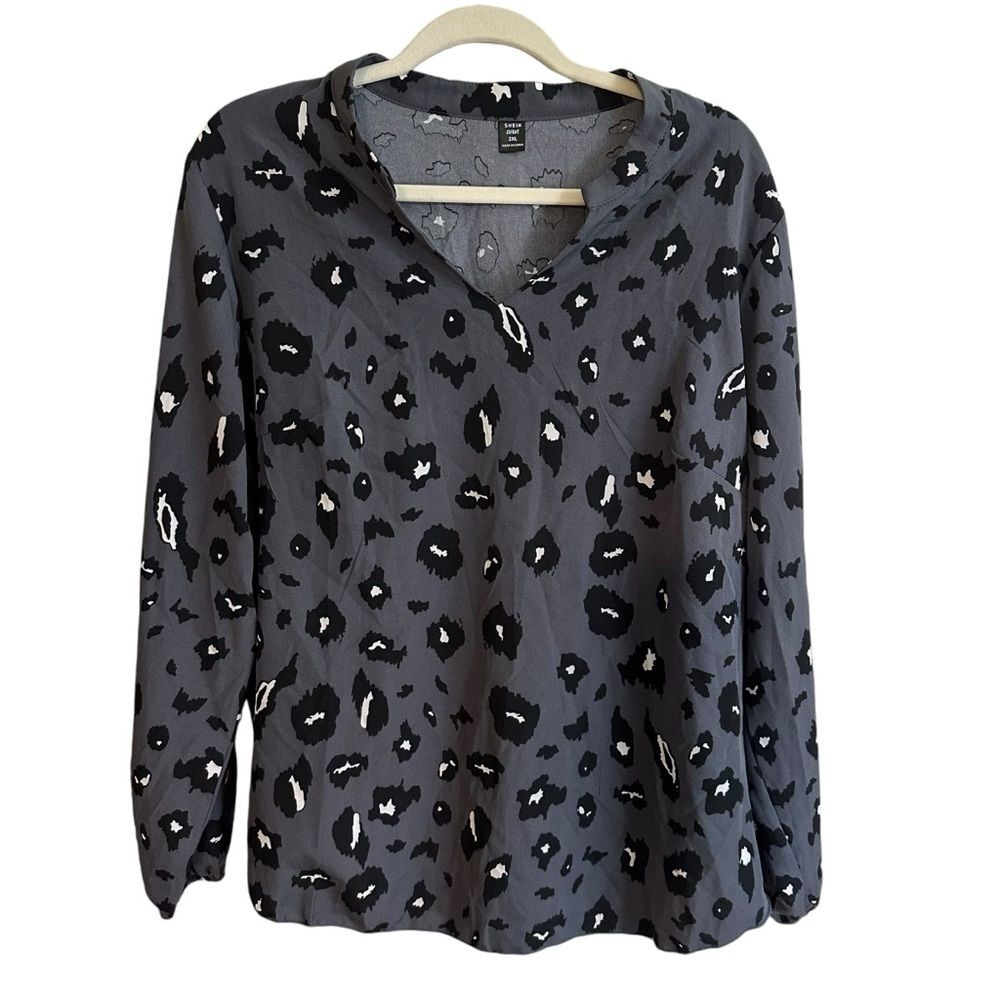 Shein Curve Blouse Women 2XL Gray Leopard Print V-Neck Long Sleeve Top - Picture 2 of 7